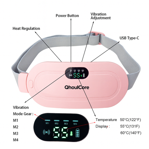 Heated Waist Belt with Vibration, USB-C Rechargeable, Adjustable Strap (Pink)